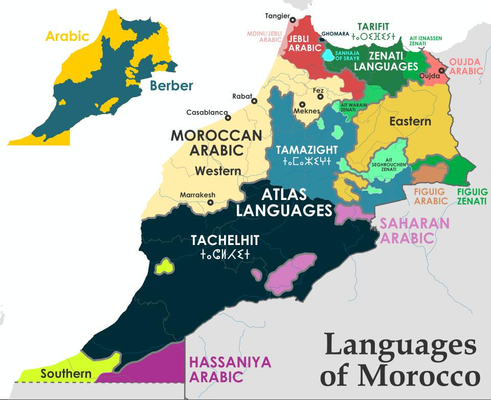 Mapa lingüístico de Marruecos, excluyendo el Sahara Occident